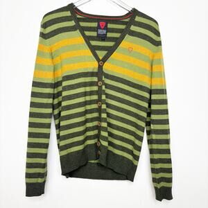 Strellson Men's Green Striped Merino Wool Blend Cardigan Sweater M